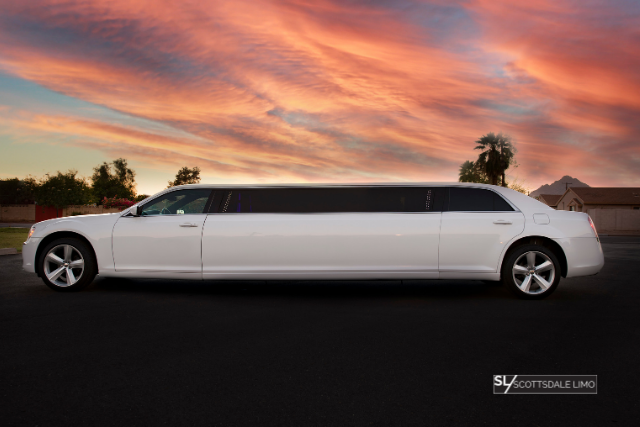 White Chrysler 300 Stretch Limousine exterior side - Scottsdale Limo
